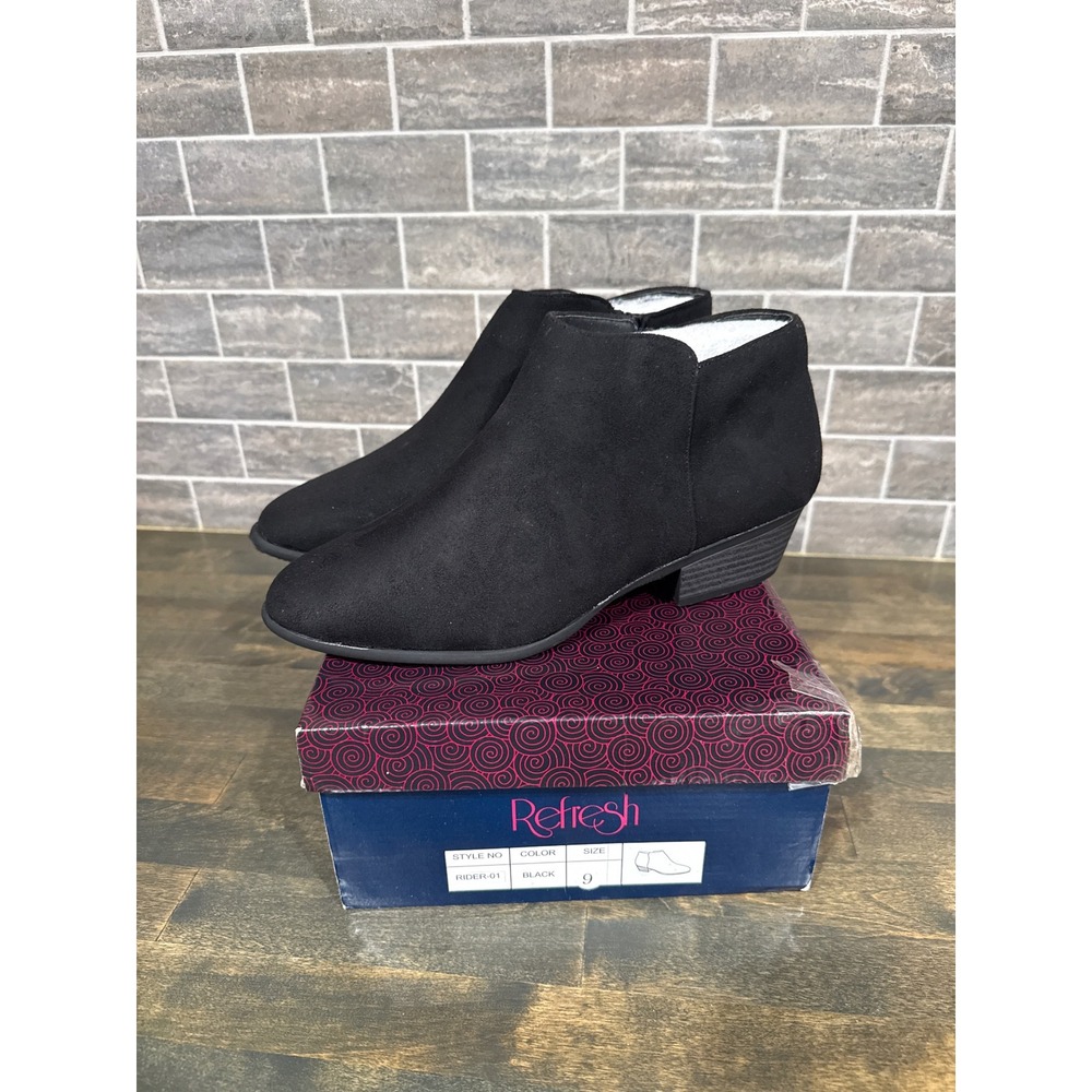 Refresh Rider-01 Black Faux Suede Ankle Booties Side Zip Low Heel Shoes Womens 9